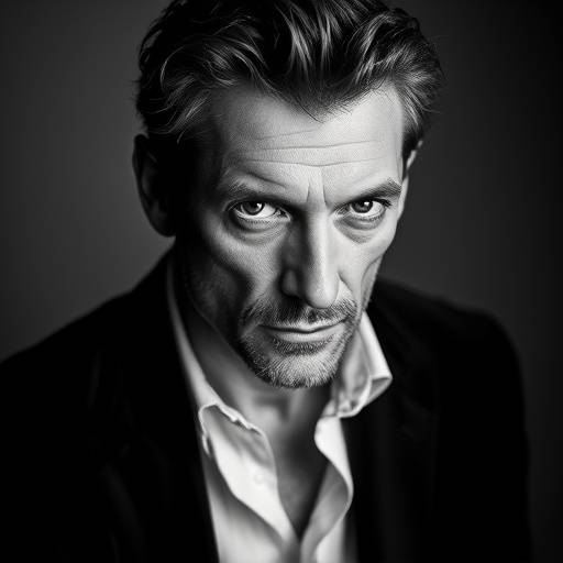 Portrait de Vincent Cassel en noir et blanc, pris lors d'une séance photo dans un studio à Paris. L'image met en valeur son charisme et son intensité.
