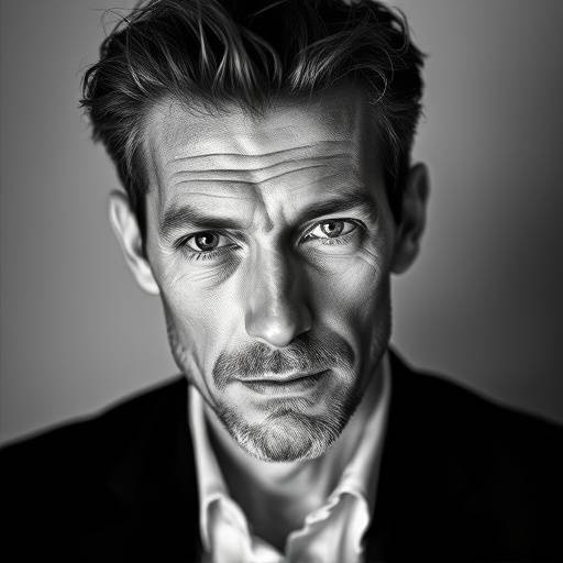Portrait de Vincent Cassel en noir et blanc, pris lors d'une séance photo dans un studio à Paris. L'image met en valeur son charisme et son intensité.