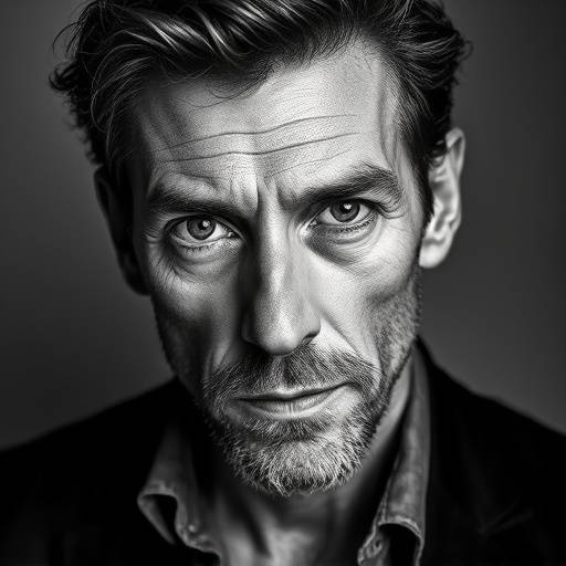 Portrait de Vincent Cassel en noir et blanc, pris lors d'une séance photo dans un studio à Paris. L'image met en valeur son charisme et son intensité.